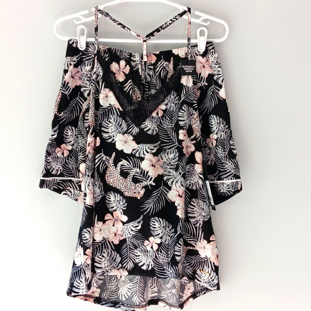 BCBGMAXAZRIA Pajama Set Cami Shorts Floral Tropical Palm Black Pink White Large